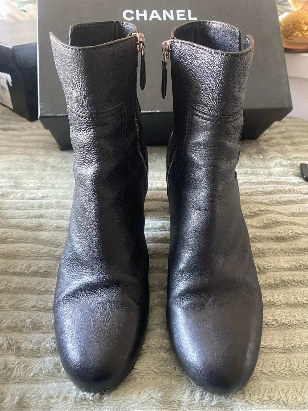 CHANEL Black Leather Ankle Boots with Cream Block Heel